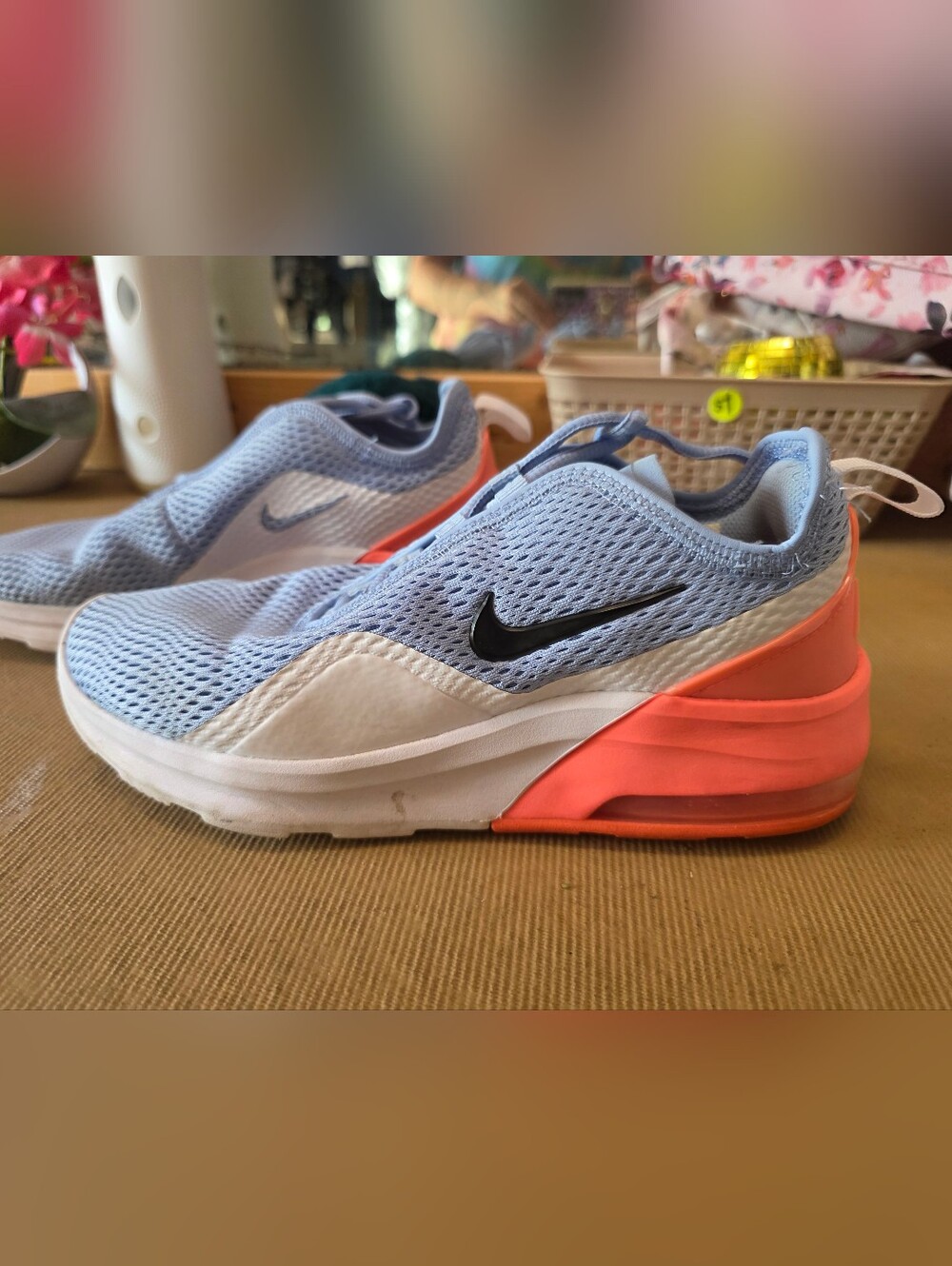 Nike Kids' Blue Mesh Slip-On Sneakers with Coral Accent